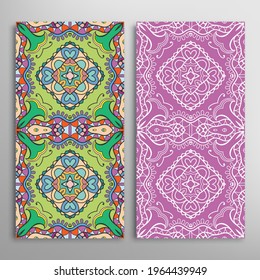 Vertical seamless patterns set, floral geometric lace texture for Wedding, Valentine's day, greeting card or Birthday Invitation. Decorative seamless doodle backgrounds. Ethnic ornament border pattern
