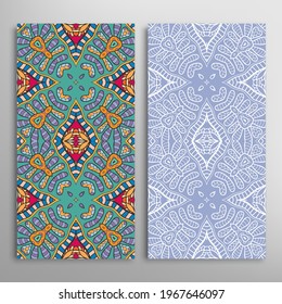 Vertical seamless patterns set, floral geometric lace texture for Wedding, Valentine's day, greeting card or Birthday Invitation. Decorative seamless doodle backgrounds. Ethnic ornament border pattern