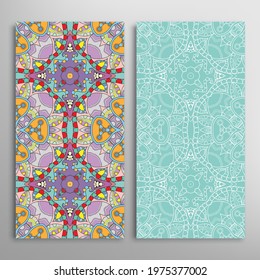 Vertical seamless patterns set, floral geometric lace texture for Wedding, Valentine's day, greeting card or Birthday Invitation. Decorative seamless doodle backgrounds. Ethnic ornament border pattern