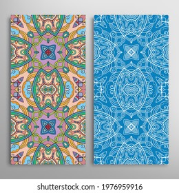 Vertical seamless patterns set, floral geometric lace texture for Wedding, Valentine's day, greeting card or Birthday Invitation. Decorative seamless doodle backgrounds. Ethnic ornament border pattern