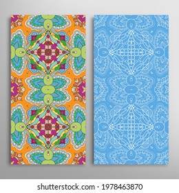 Vertical seamless patterns set, floral geometric lace texture for Wedding, Valentine's day, greeting card or Birthday Invitation. Decorative seamless doodle backgrounds. Ethnic ornament border pattern