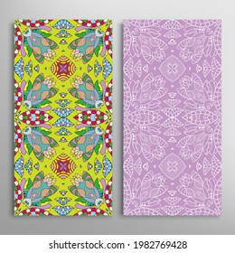 Vertical seamless patterns set, floral geometric lace texture for Wedding, Valentine's day, greeting card or Birthday Invitation. Decorative seamless doodle backgrounds. Ethnic ornament border pattern