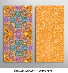 Vertical seamless patterns set, floral geometric lace texture for Wedding, Valentine's day, greeting card or Birthday Invitation. Decorative seamless doodle backgrounds. Ethnic ornament border pattern