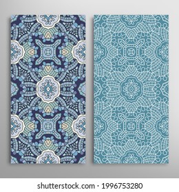 Vertical seamless patterns set, floral geometric lace texture for Wedding, Valentine's day, greeting card or Birthday Invitation. Decorative seamless doodle backgrounds. Ethnic ornament border pattern