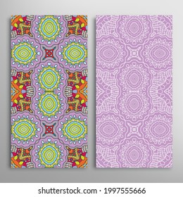 Vertical seamless patterns set, floral geometric lace texture for Wedding, Valentine's day, greeting card or Birthday Invitation. Decorative seamless doodle backgrounds. Ethnic ornament border pattern