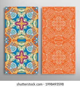 Vertical seamless patterns set, floral geometric lace texture for Wedding, Valentine's day, greeting card or Birthday Invitation. Decorative seamless doodle backgrounds. Ethnic ornament border pattern