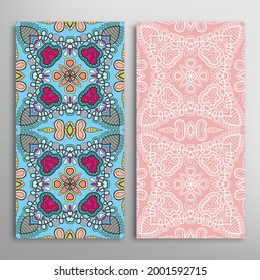 Vertical seamless patterns set, floral geometric lace texture for Wedding, Valentine's day, greeting card or Birthday Invitation. Decorative seamless doodle backgrounds. Ethnic ornament border pattern