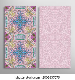Vertical seamless patterns set, floral geometric lace texture for Wedding, Valentine's day, greeting card or Birthday Invitation. Decorative seamless doodle backgrounds. Ethnic ornament border pattern
