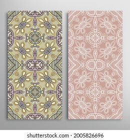 Vertical seamless patterns set, floral geometric lace texture for Wedding, Valentine's day, greeting card or Birthday Invitation. Decorative seamless doodle backgrounds. Ethnic ornament border pattern