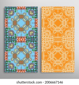 Vertical seamless patterns set, floral geometric lace texture for Wedding, Valentine's day, greeting card or Birthday Invitation. Decorative seamless doodle backgrounds. Ethnic ornament border pattern