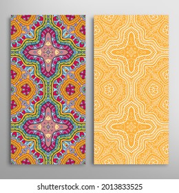 Vertical seamless patterns set, floral geometric lace texture for Wedding, Valentine's day, greeting card or Birthday Invitation. Decorative seamless doodle backgrounds. Ethnic ornament border pattern