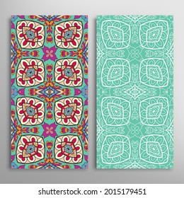 Vertical seamless patterns set, floral geometric lace texture for Wedding, Valentine's day, greeting card or Birthday Invitation. Decorative seamless doodle backgrounds. Ethnic ornament border pattern
