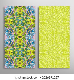 Vertical seamless patterns set, floral geometric lace texture for Wedding, Valentine's day, greeting card or Birthday Invitation. Decorative seamless doodle backgrounds. Ethnic ornament border pattern