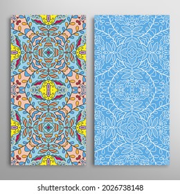 Vertical seamless patterns set, floral geometric lace texture for Wedding, Valentine's day, greeting card or Birthday Invitation. Decorative seamless doodle backgrounds. Ethnic ornament border pattern