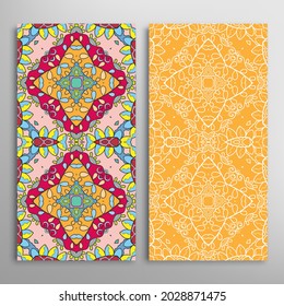 Vertical seamless patterns set, floral geometric lace texture for Wedding, Valentine's day, greeting card or Birthday Invitation. Decorative seamless doodle backgrounds. Ethnic ornament border pattern