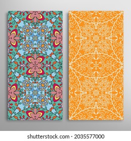 Vertical seamless patterns set, floral geometric lace texture for Wedding, Valentine's day, greeting card or Birthday Invitation. Decorative seamless doodle backgrounds. Ethnic ornament border pattern