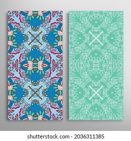 Vertical seamless patterns set, floral geometric lace texture for Wedding, Valentine's day, greeting card or Birthday Invitation. Decorative seamless doodle backgrounds. Ethnic ornament border pattern