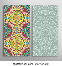 Vertical seamless patterns set, floral geometric lace texture for Wedding, Valentine's day, greeting card or Birthday Invitation. Decorative seamless doodle backgrounds. Ethnic ornament border pattern