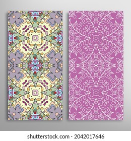 Vertical seamless patterns set, floral geometric lace texture for Wedding, Valentine's day, greeting card or Birthday Invitation. Decorative seamless doodle backgrounds. Ethnic ornament border pattern