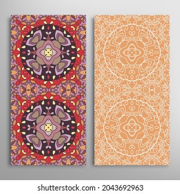 Vertical seamless patterns set, floral geometric lace texture for Wedding, Valentine's day, greeting card or Birthday Invitation. Decorative seamless doodle backgrounds. Ethnic ornament border pattern