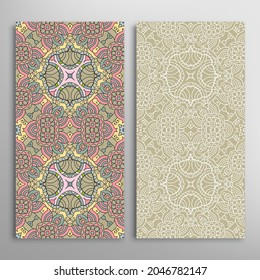 Vertical seamless patterns set, floral geometric lace texture for Wedding, Valentine's day, greeting card or Birthday Invitation. Decorative seamless doodle backgrounds. Ethnic ornament border pattern
