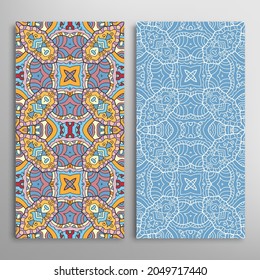 Vertical seamless patterns set, floral geometric lace texture for Wedding, Valentine's day, greeting card or Birthday Invitation. Decorative seamless doodle backgrounds. Ethnic ornament border pattern