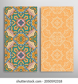 Vertical seamless patterns set, floral geometric lace texture for Wedding, Valentine's day, greeting card or Birthday Invitation. Decorative seamless doodle backgrounds. Ethnic ornament border pattern