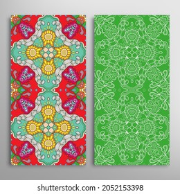 Vertical seamless patterns set, floral geometric lace texture for Wedding, Valentine's day, greeting card or Birthday Invitation. Decorative seamless doodle backgrounds. Ethnic ornament border pattern