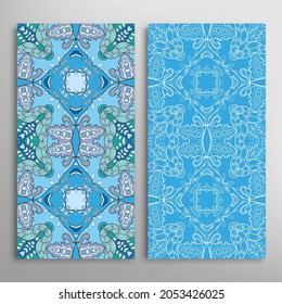 Vertical seamless patterns set, floral geometric lace texture for Wedding, Valentine's day, greeting card or Birthday Invitation. Decorative seamless doodle backgrounds. Ethnic ornament border pattern