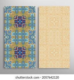 Vertical seamless patterns set, floral geometric lace texture for Wedding, Valentine's day, greeting card or Birthday Invitation. Decorative seamless doodle backgrounds. Ethnic ornament border pattern