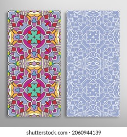 Vertical seamless patterns set, floral geometric lace texture for Wedding, Valentine's day, greeting card or Birthday Invitation. Decorative seamless doodle backgrounds. Ethnic ornament border pattern