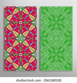 Vertical seamless patterns set, floral geometric lace texture for Wedding, Valentine's day, greeting card or Birthday Invitation. Decorative seamless doodle backgrounds. Ethnic ornament border pattern
