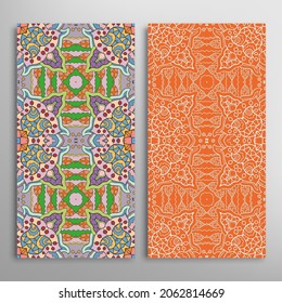 Vertical seamless patterns set, floral geometric lace texture for Wedding, Valentine's day, greeting card or Birthday Invitation. Decorative seamless doodle backgrounds. Ethnic ornament border pattern