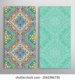 Vertical seamless patterns set, floral geometric lace texture for Wedding, Valentine's day, greeting card or Birthday Invitation. Decorative seamless doodle backgrounds. Ethnic ornament border pattern