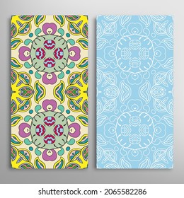 Vertical seamless patterns set, floral geometric lace texture for Wedding, Valentine's day, greeting card or Birthday Invitation. Decorative seamless doodle backgrounds. Ethnic ornament border pattern