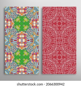 Vertical seamless patterns set, floral geometric lace texture for Wedding, Valentine's day, greeting card or Birthday Invitation. Decorative seamless doodle backgrounds. Ethnic ornament border pattern