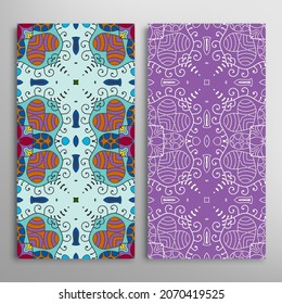 Vertical seamless patterns set, floral geometric lace texture for Wedding, Valentine's day, greeting card or Birthday Invitation. Decorative seamless doodle backgrounds. Ethnic ornament border pattern