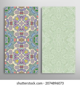 Vertical seamless patterns set, floral geometric lace texture for Wedding, Valentine's day, greeting card or Birthday Invitation. Decorative seamless doodle backgrounds. Ethnic ornament border pattern