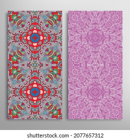Vertical seamless patterns set, floral geometric lace texture for Wedding, Valentine's day, greeting card or Birthday Invitation. Decorative seamless doodle backgrounds. Ethnic ornament border pattern
