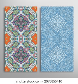 Vertical seamless patterns set, floral geometric lace texture for Wedding, Valentine's day, greeting card or Birthday Invitation. Decorative seamless doodle backgrounds. Ethnic ornament border pattern