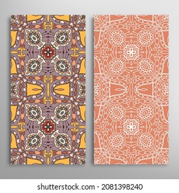 Vertical seamless patterns set, floral geometric lace texture for Wedding, Valentine's day, greeting card or Birthday Invitation. Decorative seamless doodle backgrounds. Ethnic ornament border pattern
