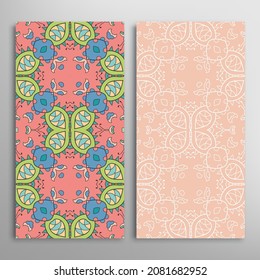 Vertical seamless patterns set, floral geometric lace texture for Wedding, Valentine's day, greeting card or Birthday Invitation. Decorative seamless doodle backgrounds. Ethnic ornament border pattern