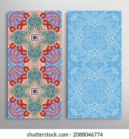 Vertical seamless patterns set, floral geometric lace texture for Wedding, Valentine's day, greeting card or Birthday Invitation. Decorative seamless doodle backgrounds. Ethnic ornament border pattern