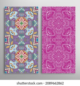 Vertical seamless patterns set, floral geometric lace texture for Wedding, Valentine's day, greeting card or Birthday Invitation. Decorative seamless doodle backgrounds. Ethnic ornament border pattern