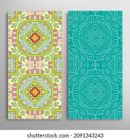 Vertical seamless patterns set, floral geometric lace texture for Wedding, Valentine's day, greeting card or Birthday Invitation. Decorative seamless doodle backgrounds. Ethnic ornament border pattern