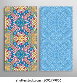 Vertical seamless patterns set, floral geometric lace texture for Wedding, Valentine's day, greeting card or Birthday Invitation. Decorative seamless doodle backgrounds. Ethnic ornament border pattern