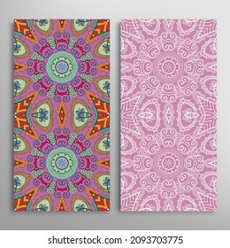 Vertical seamless patterns set, floral geometric lace texture for Wedding, Valentine's day, greeting card or Birthday Invitation. Decorative seamless doodle backgrounds. Ethnic ornament border pattern