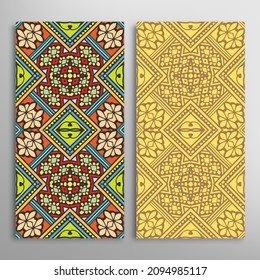 Vertical seamless patterns set, floral geometric lace texture for Wedding, Valentine's day, greeting card or Birthday Invitation. Decorative seamless doodle backgrounds. Ethnic ornament border pattern