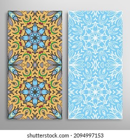 Vertical seamless patterns set, floral geometric lace texture for Wedding, Valentine's day, greeting card or Birthday Invitation. Decorative seamless doodle backgrounds. Ethnic ornament border pattern