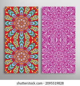 Vertical seamless patterns set, floral geometric lace texture for Wedding, Valentine's day, greeting card or Birthday Invitation. Decorative seamless doodle backgrounds. Ethnic ornament border pattern